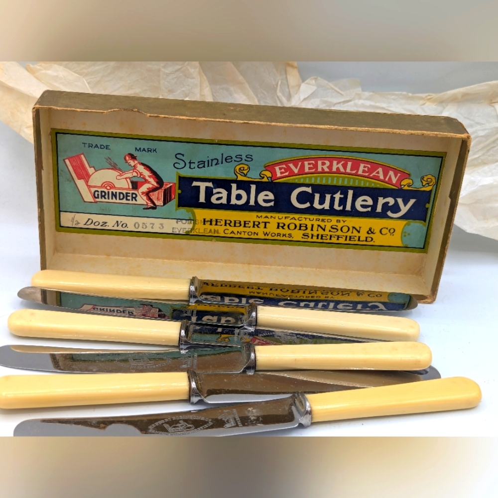 Vintage set of six stainless steel celluloid Dessert cutlery - Herbert Robinson